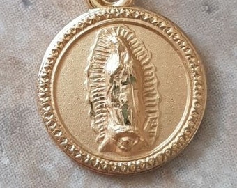 14k Gold Guadalupe vintage style mini Medal, Virgen Guadalupe small Pendant Charm, Gold virgin mary medallion, Virgin Mary Religious charm