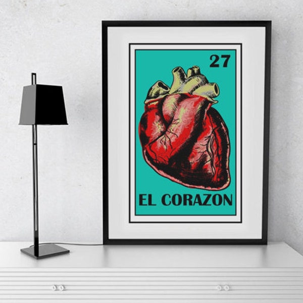 El Corazon loteria kaart, Mexicaanse Loteria afdrukbaar, Mexicaans hart afdrukbaar, The Heart Mexicaanse Bingo, Mexicaanse Art Print, Frida hart