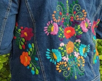 Mexican denim jacket, Hand Embroidered flower Jean jacket, Embroidery rainbow floral vintage hippie jacket, Women Back Embroider Jean Coat