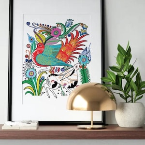 Stampa di uccelli messicani, stampa Alebrije Arte popolare, Amate Bark Painting, Vernice Birds of Paradise, Arte murale Frida, casa messicana, carta messicana