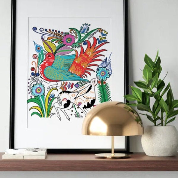 Mexican bird print, Alebrije print Folk Art, Amate Bark Painting, Birds of Paradise paint, Frida wall art, Mexican home, Mexican paper