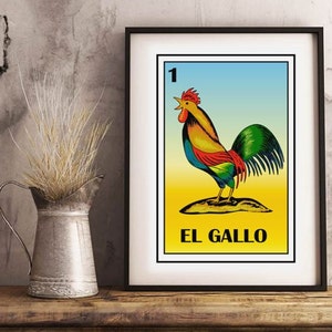 Meksykańska loteria, Karta loterii El Gallo, Sztuka ścienna w stylu rustykalnym, Kogut meksykański kowboj, Meksykański kogut, Rustykalna sztuka ścienna z kogutem, Rustykalny wydruk