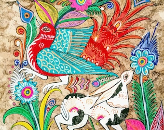 メキシコの鳥のプリント、アレブリヘのプリントの民芸品、アマテ