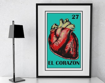 El Corazon loteria card, Mexican Loteria Printable, Mexican heart printable, The Heart Mexican Bingo, Mexican Art Print, Frida heart