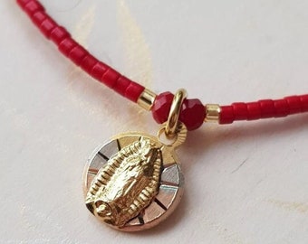 Virgen Guadalupe Tricolor gold charm, red woven bracelet with crosses, Gold plated bracelet, Tricolor gold Medal, cross bracelet with medal