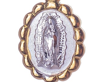 Sterling silver medal Virgen de Guadalupe Gold frame, Guadalupe virgin silver flower charm with gold plated bezel, Silver gold band pendant