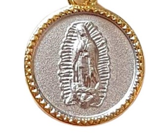 Sterling silver medal Virgen de Guadalupe Gold frame, Guadalupe virgin silver round charm with gold plated bezel, Silver gold band pendant