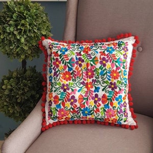 Mexico Embroidery Colorful Pillow Cover Mexican Red Pompom Tassel