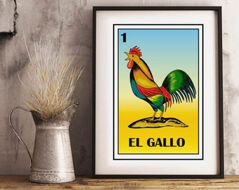 Mexican loteria, El gallo loteria card, Country wall Art, The Rooster mexican cowboy, Mexican Rooster, Rustic Rooster Wall Art, Rustic print