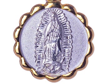 Virgen Guadalupe silver and gold charm, Our lady Guadalupe chain white gold necklace, 925 sterling silver Chain, Mexican taxco silver medal