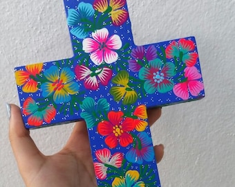 Mexican wood Cross, Mexican sacred heart cross, Mexican Milagro cross, Mexican flower Wall Art Cross, Mexican Flower Cross, Mexican Cross