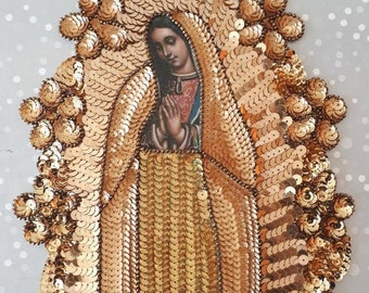 Golden Virgen de Guadalupe patch, luxury our Lady Guadalupe Sequin Applique, Mexican Guadalupe virgin, Virgencita sequin patch denim jacket