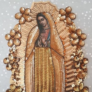 Écusson Virgen de Guadalupe doré, applique de luxe Our Lady Guadalupe à sequins, vierge de Guadalupe mexicaine, veste en jean à patch sequins Virgencita