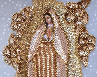 Golden Virgen de Guadalupe patch, luxury our Lady Guadalupe Sequin Applique, Mexican Guadalupe virgin, Virgencita sequin patch denim jacket