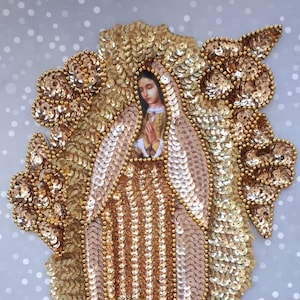 Écusson Virgen de Guadalupe doré, applique de luxe Our Lady Guadalupe à sequins, vierge de Guadalupe mexicaine, veste en jean à patch sequins Virgencita