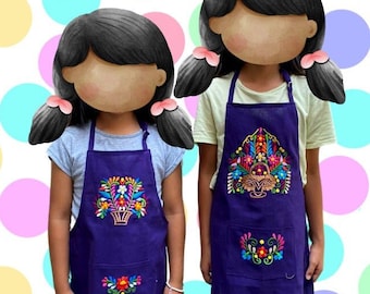 Kids Mexican apron purple embroidered, Match Set Mother daughter, Mommy & me, Grandma, Child embroidery Mini Pinafore Flower Kitchen Smock