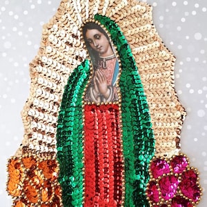 Parche de lentejuelas de la Virgen de Guadalupe, aplique de lentejuelas de Nuestra Señora de Guadalupe, parche de lentejuelas de la Virgen de Guadalupe para coser o pegar, parche de adorno mexicano