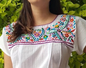 Mexican Embroidered off the Shoulder White Blouse, Lace Trim