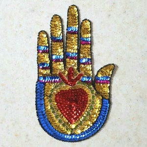 Hand sequin patch, Hand sequin Applique, Hamsa Yoga sequin hand, Fatima Hand sew on patch, Milagro Sacred Heart hand, Milagrito Heart
