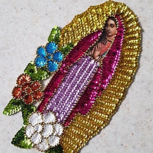 Virgen de Guadalupe sequin patch, Our Lady Guadalupe Sequin Applique, Pink dress Guadalupe virgin sequin patch, Mexican embellishment patch