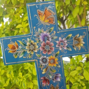 Monarch butterfly handpainted wood, Mexican wood blue Cross, Mexico blue sacred cross, Mexican golden Milagro cross, Mexico Wall Art Cross