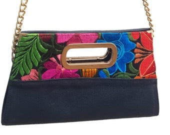 Mexican blue leather clutch, Embroidered envelope handBag, Mexico embroidery chain shoulder bag, Floral Clutch Oaxacan Chiapas handbags