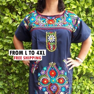 Navy blue mexican embroidery dress, Mexican Embroidered Plus size Dress, Bridesmaid mexican dress, Mexico Vintage dress, Rebozo shawl