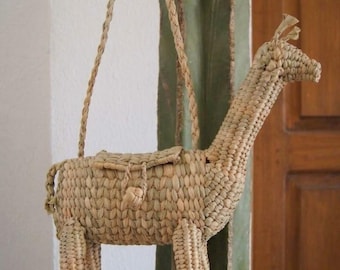 Handwoven Palm Giraffe Bag, Mexican Rattan Straw Purse, Safari Zoo Accessory
