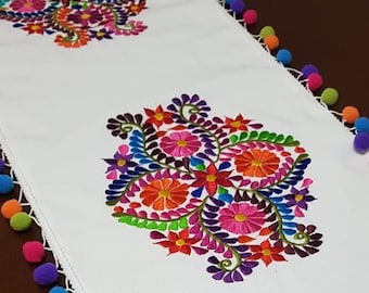 Mexican embroiodered Table Runner, Pompom tassel colorful flowers Table cloth, Rainbow Boho Aztec, flowered Mexico Table linens placemat