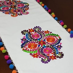 Mexican embroiodered Table Runner, Pompom tassel colorful flowers Table cloth, Rainbow Boho Aztec, flowered Mexico Table linens placemat