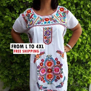 Embroidered plus size Mexican Dress, White mexican light dress, Mexican embroidery dress, Mexico Bridesmaid, Mexican Vintage dress plus size image 1