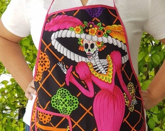 Mexican pink apron kitchen Dead of the dead, Catrina Lady Sugar skull black apron, Grandma Mother pinafore curvy plus size, Mexico cook