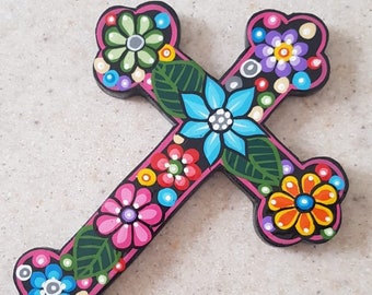 Mexican wood black Cross, Mexican black sacred cross, Mexican Milagro cross, Mexican Wall Art Cross, Christian Flower Cross, Jesus Cross