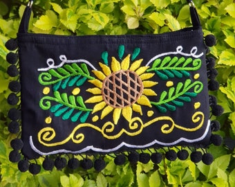 Sunflower embroidered crossbody, Mexican embroidery clutch envelope sunflower Bag, Mexican black embroidered bag, Sunflower wallet  handbag