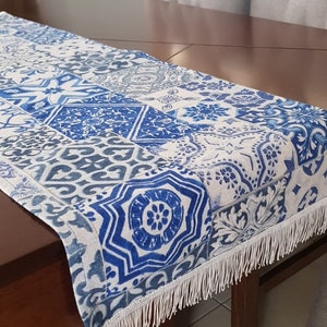 Mexican blue tile pattern Table Runner, Spanish tile mosaico azulejo azul Pompom tassel Table cloth, white Boho Aztec fabric linens placemat
