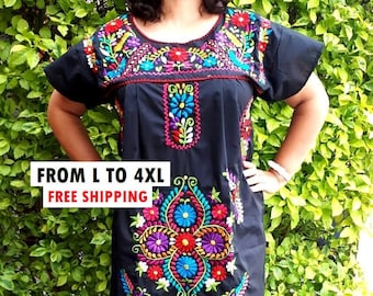 Mexican Embroidered Dress, XL Black mexican embroidery dress, Bride mexican dress, Mexico Vintage dress, Rebozo shawl, All Plus size dress