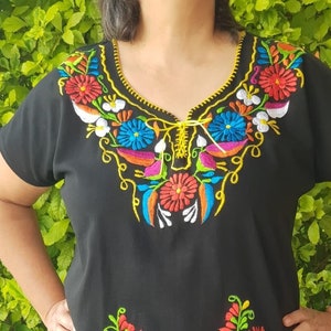 Stickerei mexikanische schwarze Bluse XL 116 cm, Boho Top, mexikanische Bluse schwarz, mexikanische Bluse bestickt, mexikanische Bluse schwarz