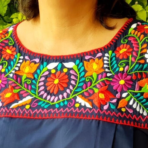 Navy Blue Mexican Blouse Mexican Embroidered Top Inclusive | Etsy