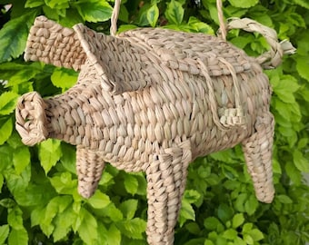 Mexican woven palm bag, Pig wicker bag, Mexico beach Rattan straw bag, Mexican straw bag, Vintage wicker bag, Knit Piggy bag, Rattan summer