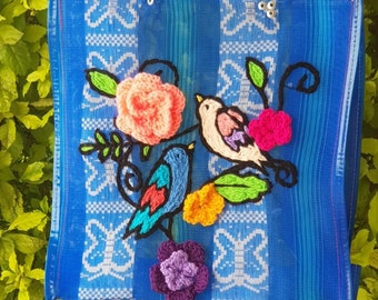 Mexican blue market mercado bag, Love couple birds Embroidery handbag, flower Mesh shopping tote, blue Eco recyclable reusable stripes bag