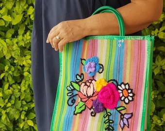 Mexican market mercado bag, Rainbow flower bag, rainbow shopping tote, Mexican flower embroidered, Mexico mesh bag, Eco friendly reusable