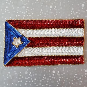 Puerto Rican Flag Sequin Patch, 8x5 Inch Applique, Sew or Glue On