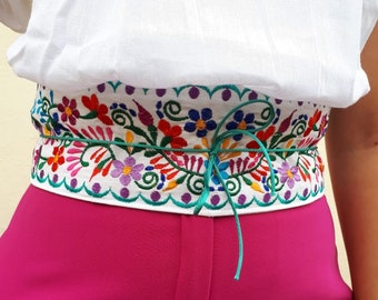 Embroidery mexican colorful white Belt, multicolor waist sash, Mexico flower boho belt, Embroidered black belt, Vintage Flowered waist belt