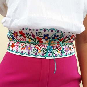 Embroidery mexican colorful white Belt, multicolor waist sash, Mexico flower boho belt, Embroidered black belt, Vintage Flowered waist belt