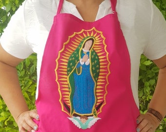 Virgen Guadalupe embroidered Apron, Hot pink apron, Colorful floral embroidery, Mexico Kitchen Cook Pinafore Smock, Grandma Mother's day