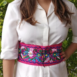Fascia rosa messicana ricamata, cintura con fiori colorati, cintura boho con fiori messicani, cintura ricamata, cintura vintage con fiori messicani
