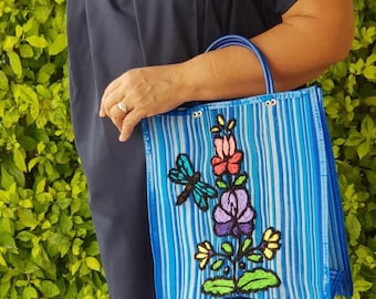 Mexican blue market mercado bag, Dragonfly flowers Embroidery handbag, Mesh shopping tote, blue Eco recyclable reusable handle stripes bag