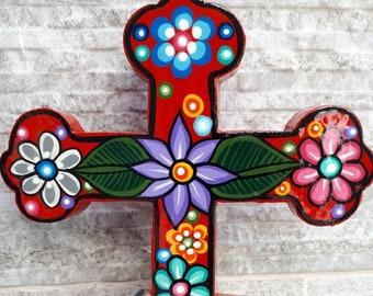 Color y Tradicion Mexican Tin Cross Wall Hanging Folk Art Handmade Sacred Heart # 118 