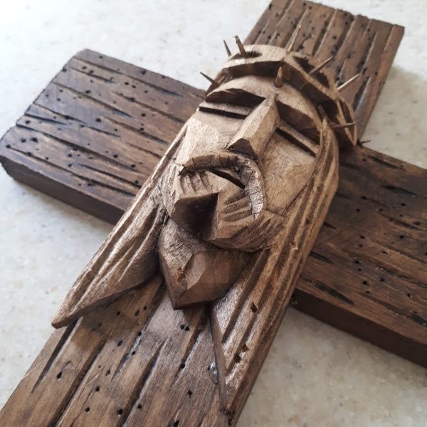 Mexican Wood Cross, Jesus Christ carving cross, Holycross Wall art, Baptism gift, First Communion gift, Christian wall art, Christian gift