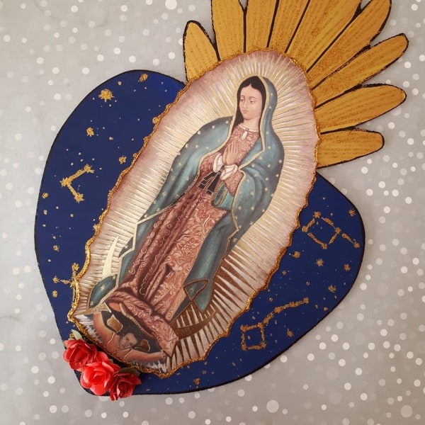 Virgen de Guadalupe houten hart, frame Lady Guadalupe, Wood Milagrito, Mexicaans hout heilig hart, Mexicaanse Sagrado corazon, Vlamhart